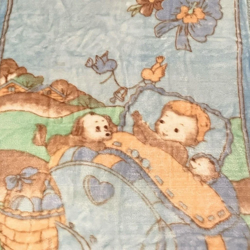Vtg White Lamb Plush Baby Blanket Outdoor Cradle Birds Dog Silky Soft Blue Green
